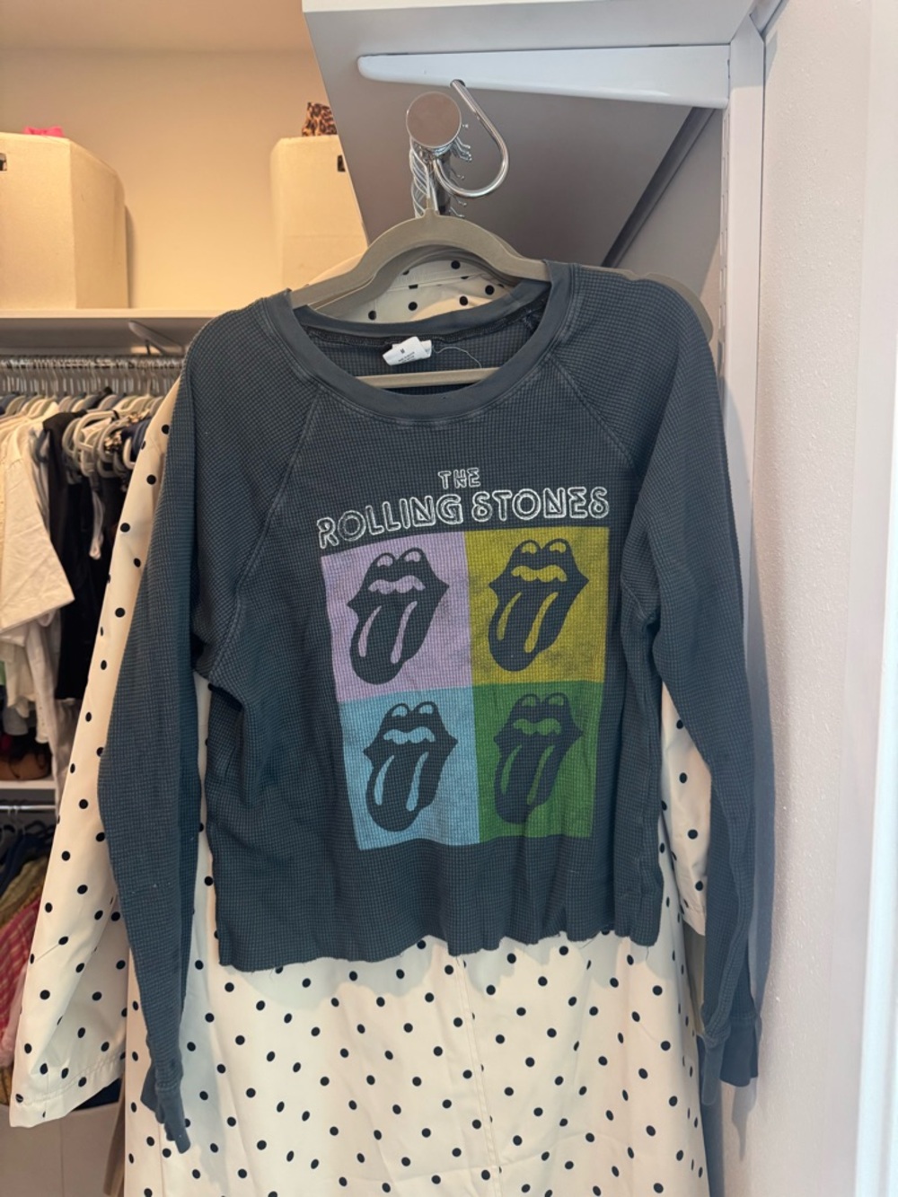 the Rolling Stones Women's Long Sleeve Graphic Waffle Knit - Slate Grey